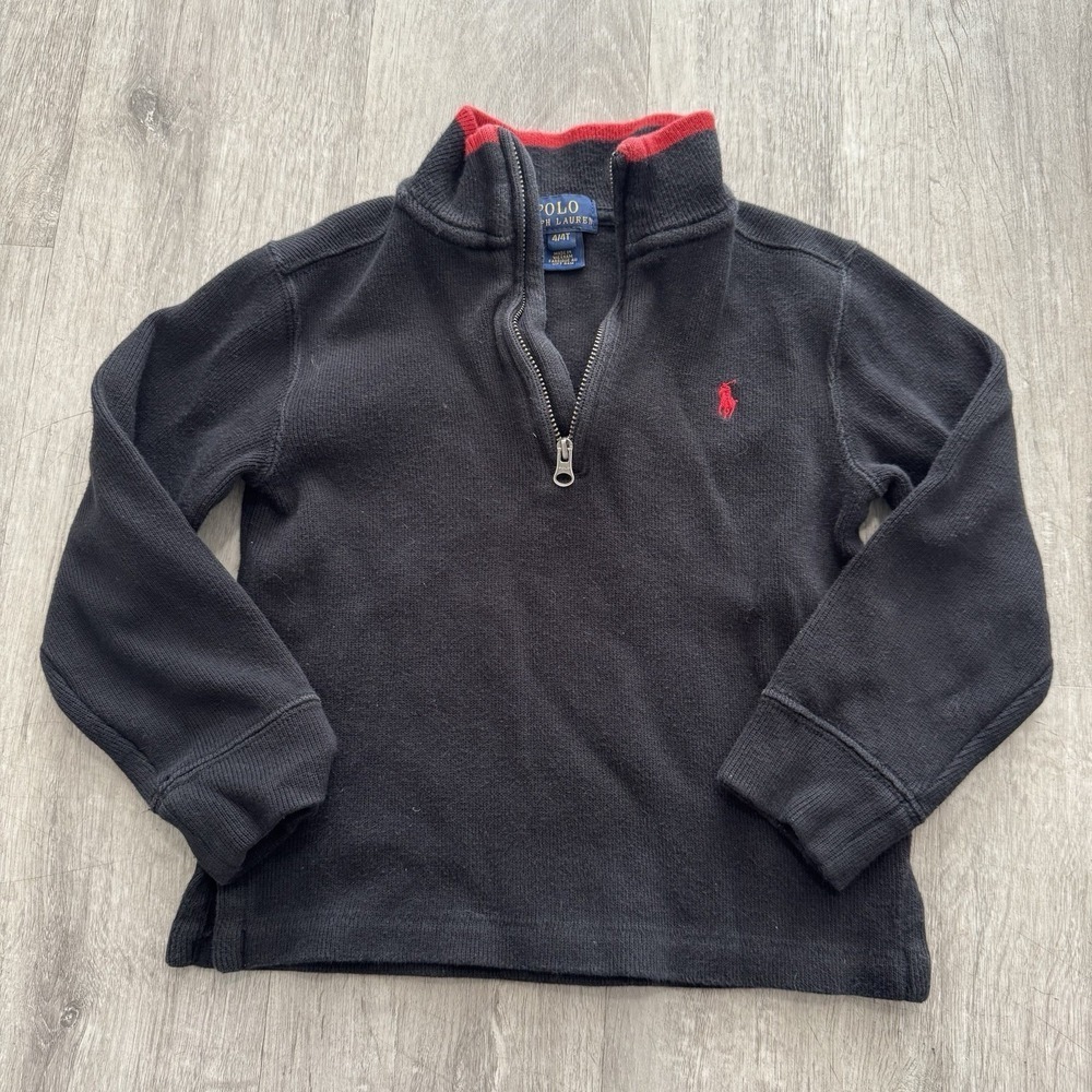 Polo By Ralph Lauren Toddler Sz 4T Black Red Knit Sweater 1/4 Zip Pullover Logo